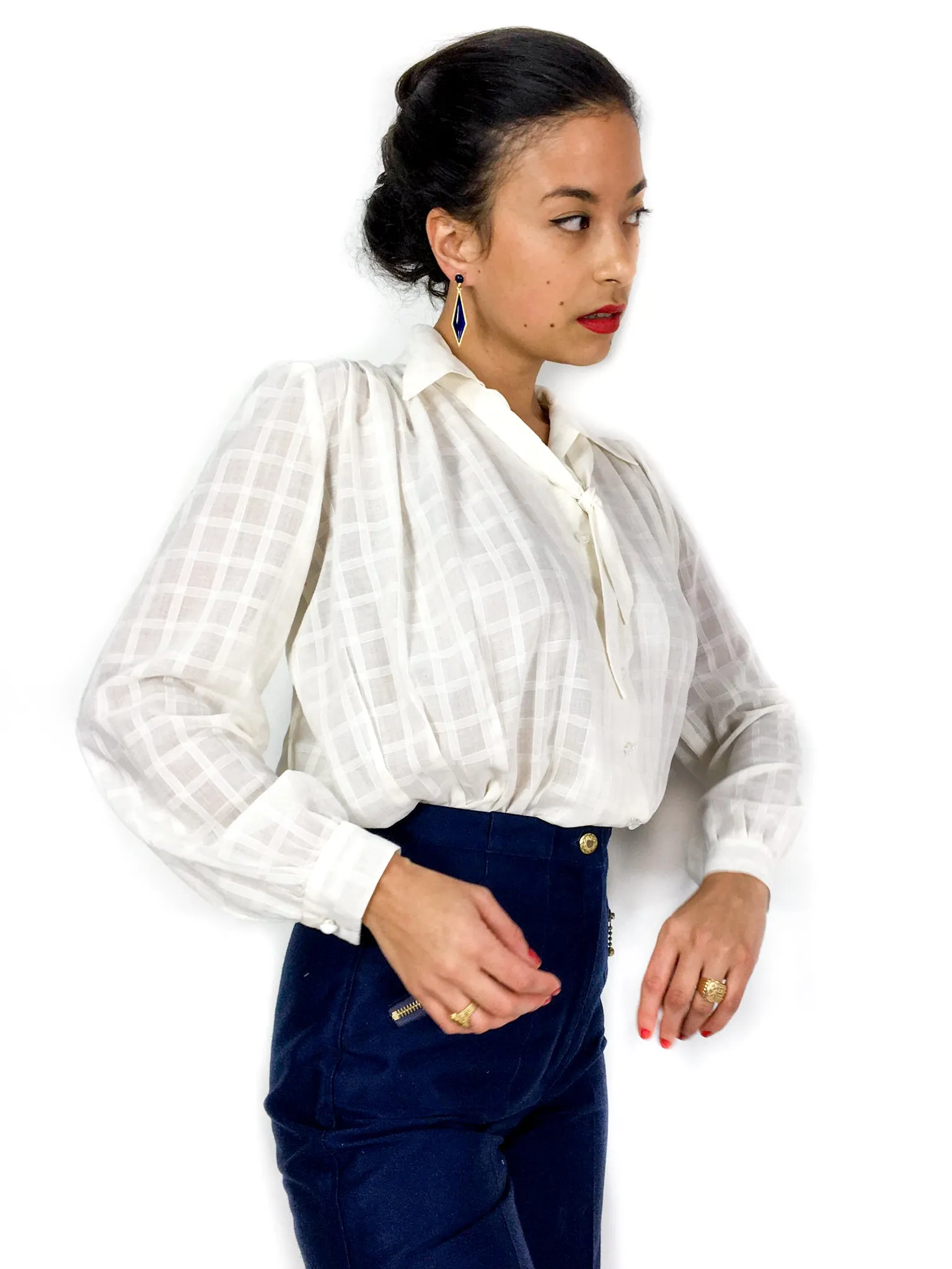 70s/early 80s vintage sheer checkered bow-collar blouse