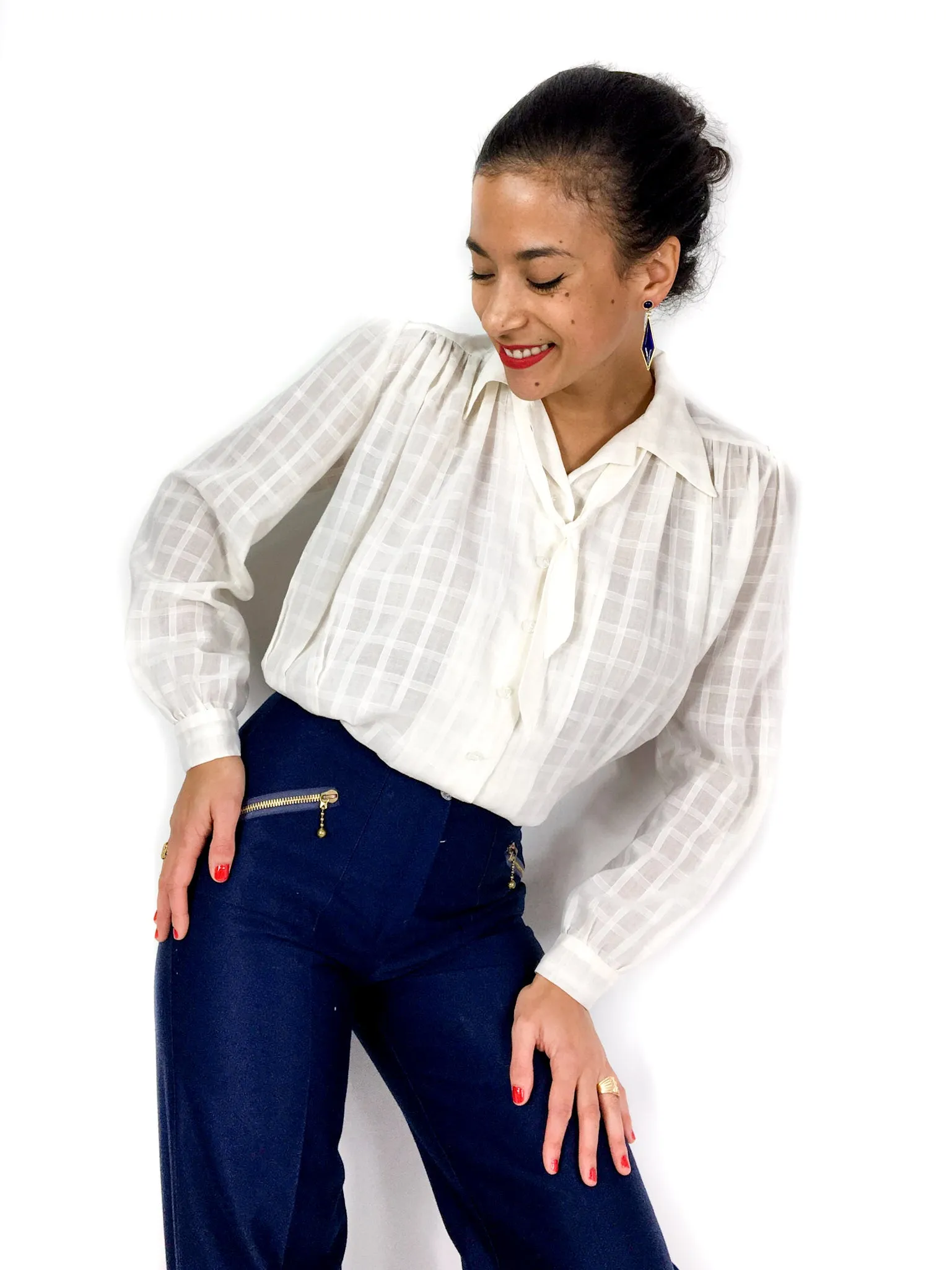 70s/early 80s vintage sheer checkered bow-collar blouse