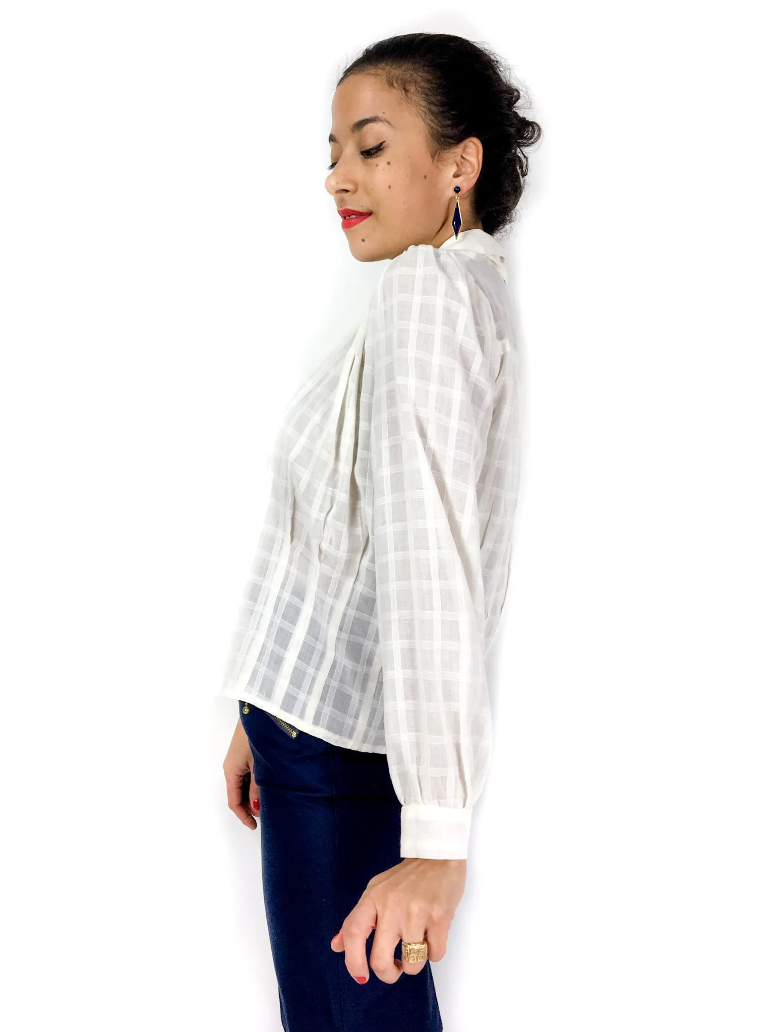 70s/early 80s vintage sheer checkered bow-collar blouse