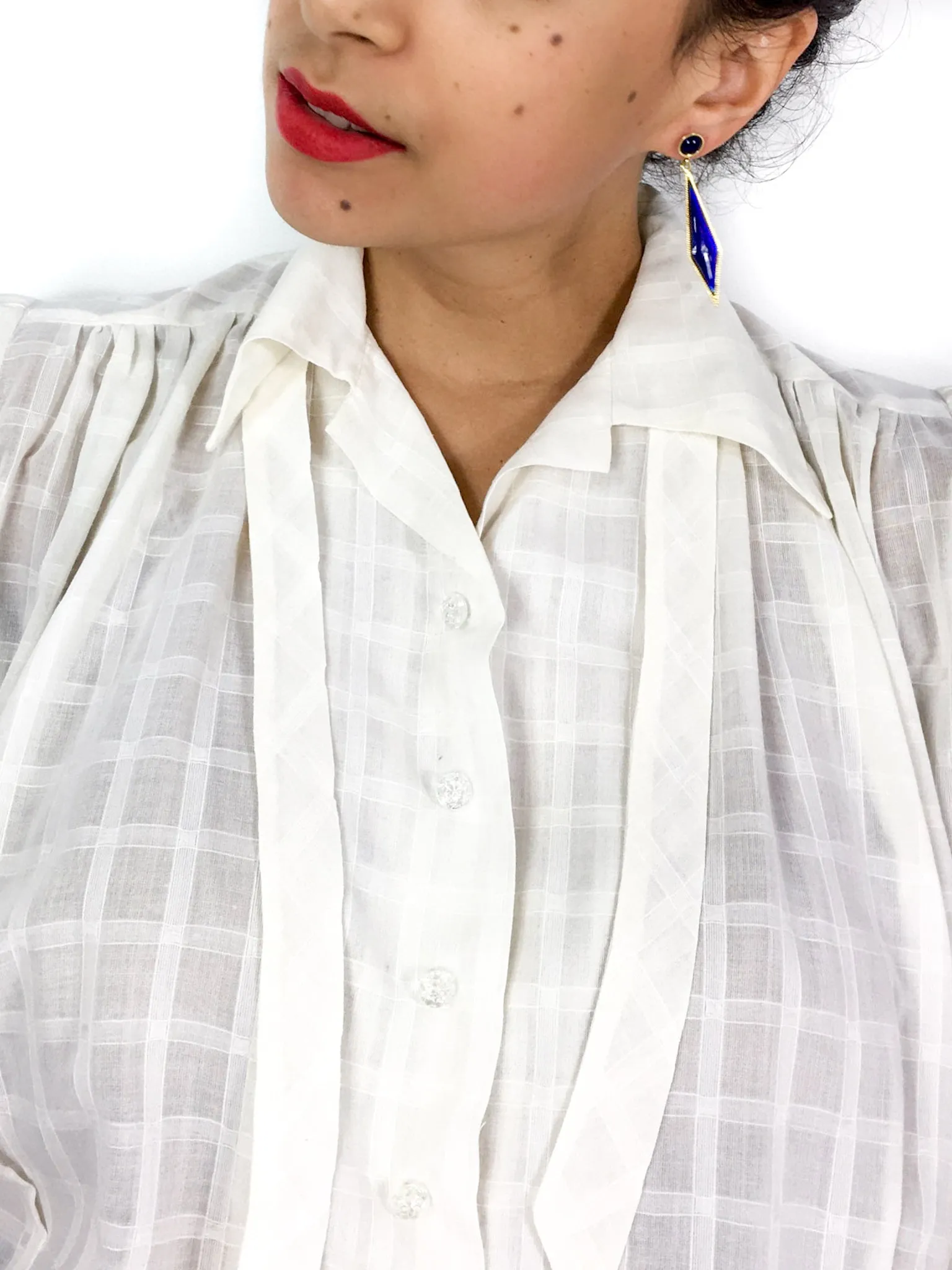 70s/early 80s vintage sheer checkered bow-collar blouse