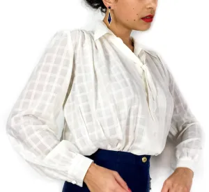 70s/early 80s vintage sheer checkered bow-collar blouse
