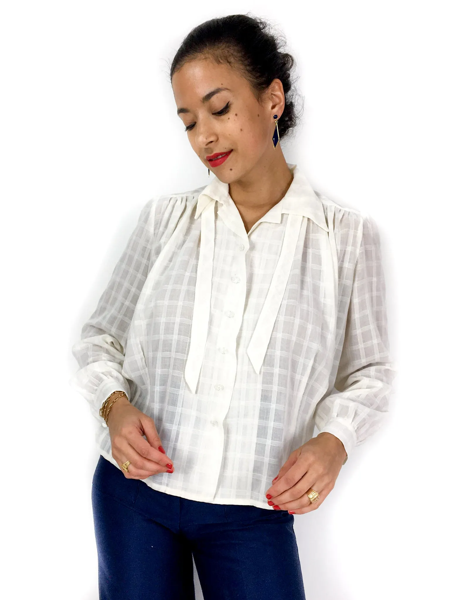 70s/early 80s vintage sheer checkered bow-collar blouse