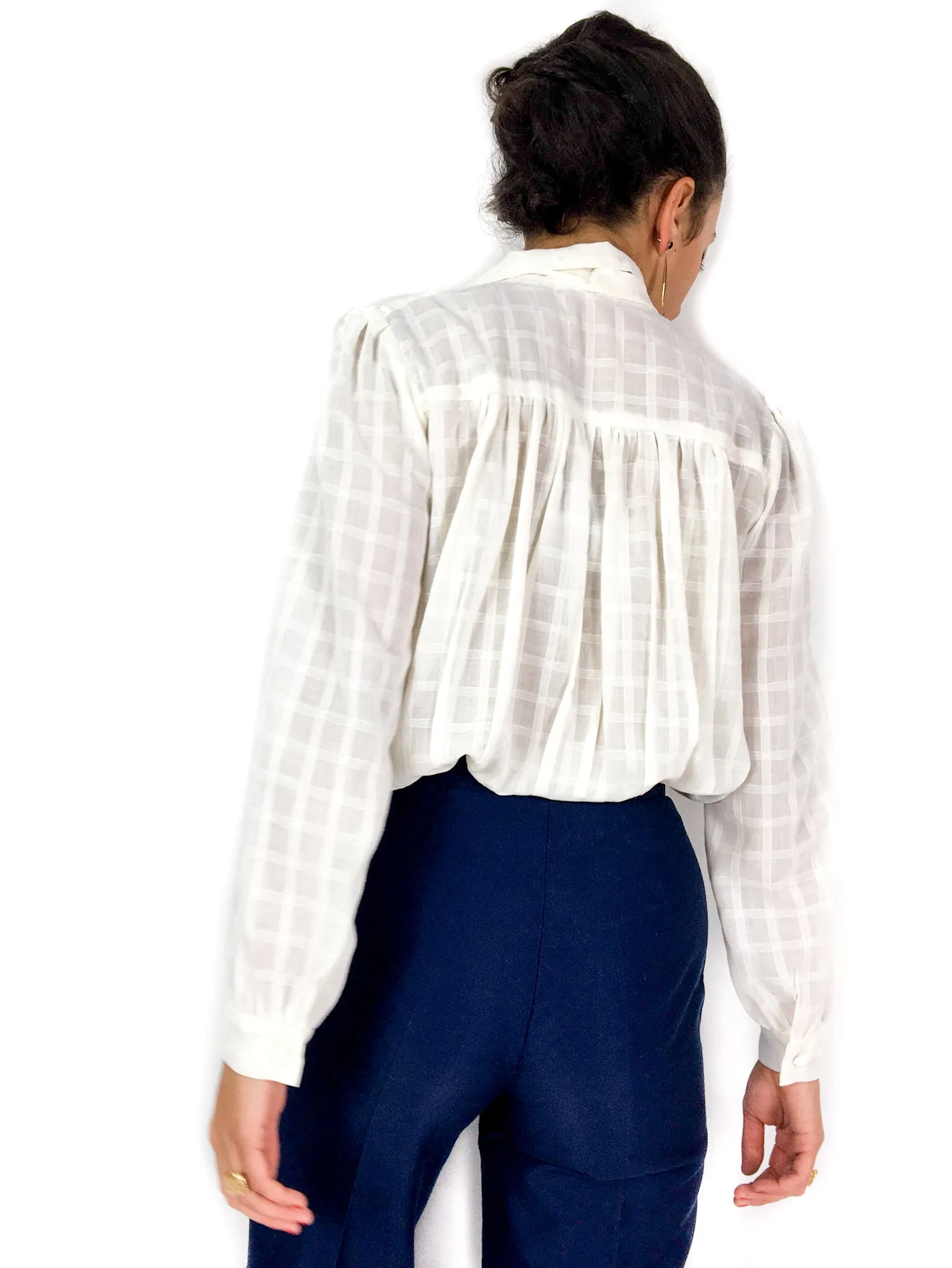 70s/early 80s vintage sheer checkered bow-collar blouse