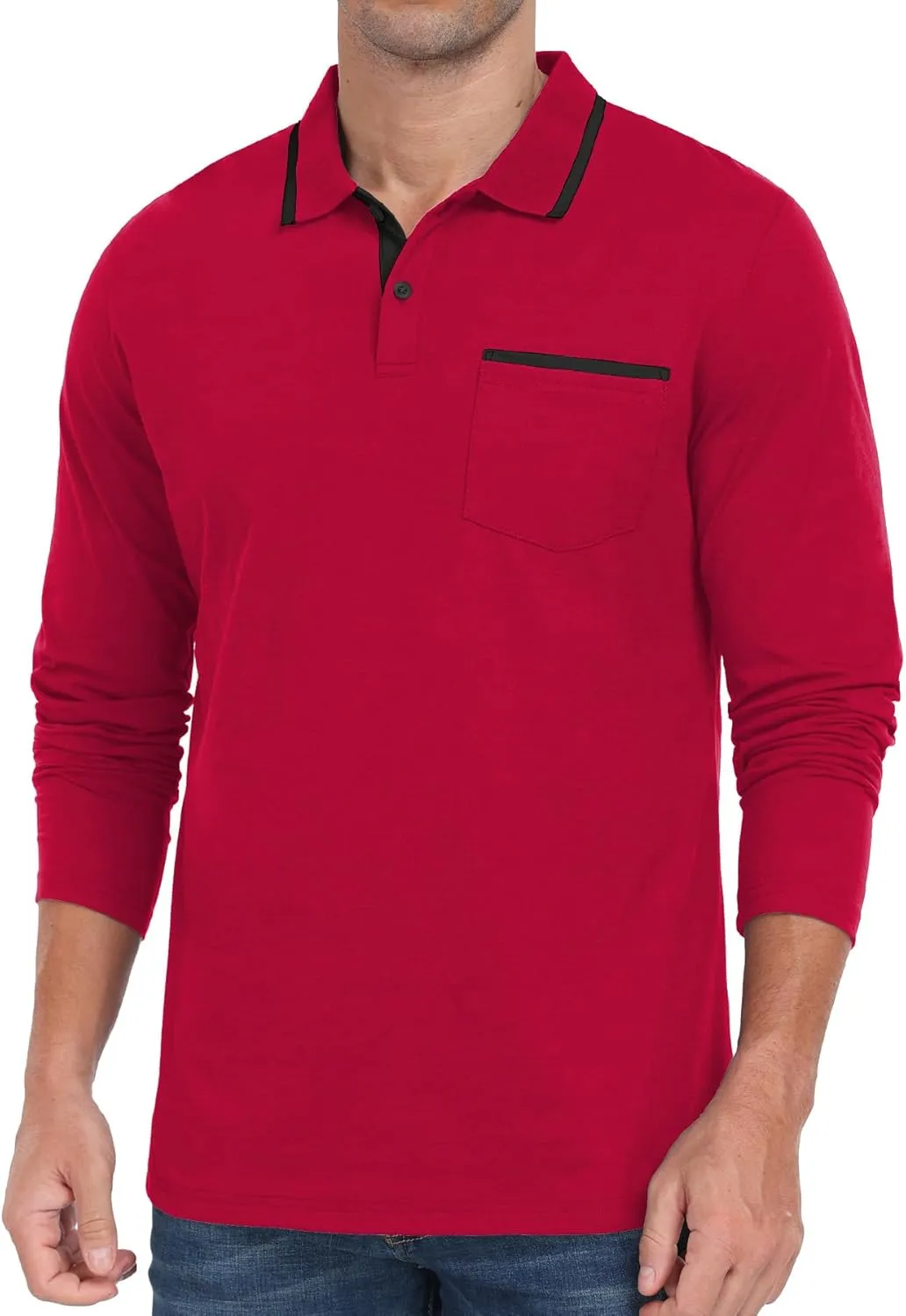 Askdeer Men's Polo Shirts Cotton Long Sleeve Polo T Shirt Classic Casual Golf Collar Tee
