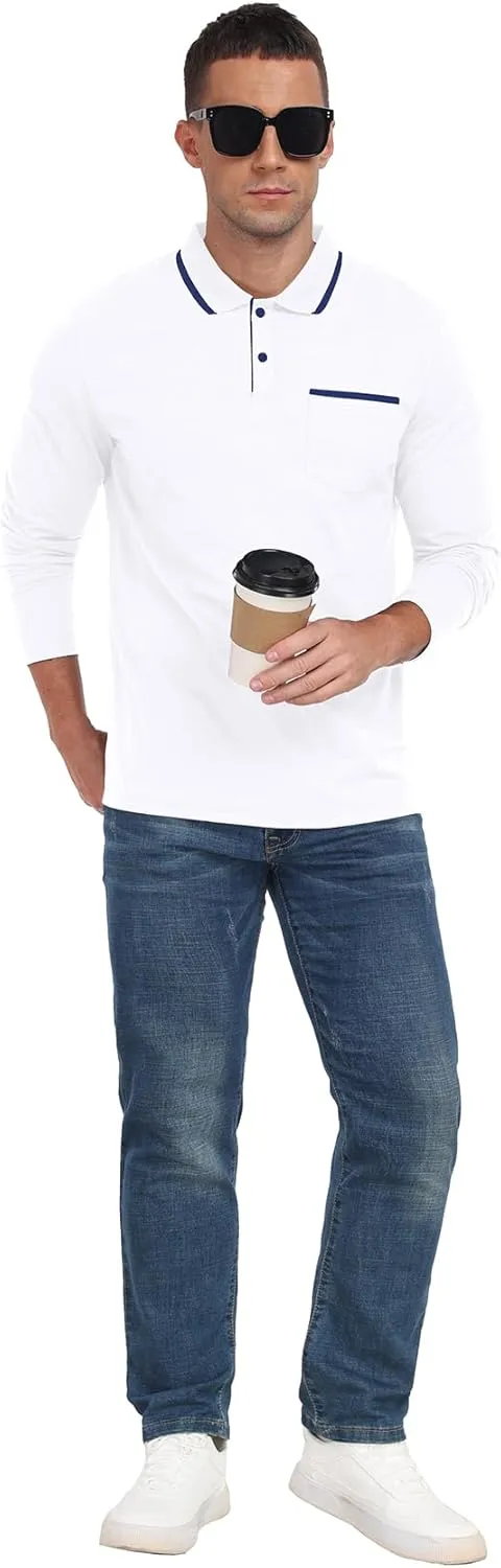 Askdeer Men's Polo Shirts Cotton Long Sleeve Polo T Shirt Classic Casual Golf Collar Tee