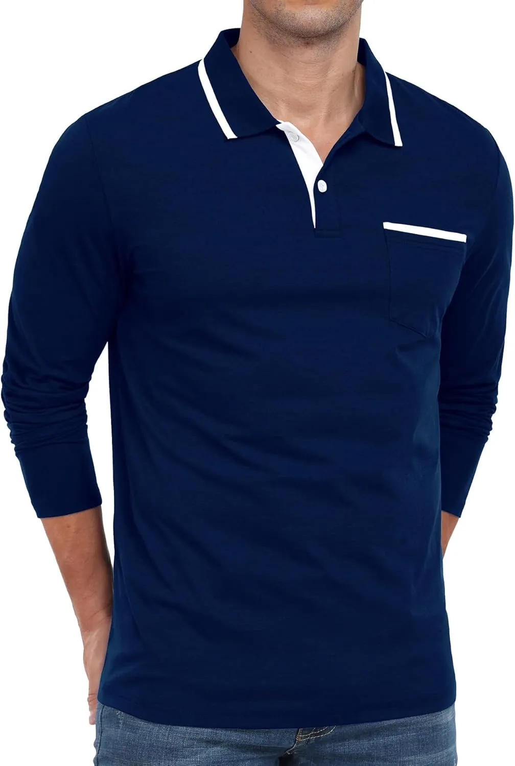 Askdeer Men's Polo Shirts Cotton Long Sleeve Polo T Shirt Classic Casual Golf Collar Tee