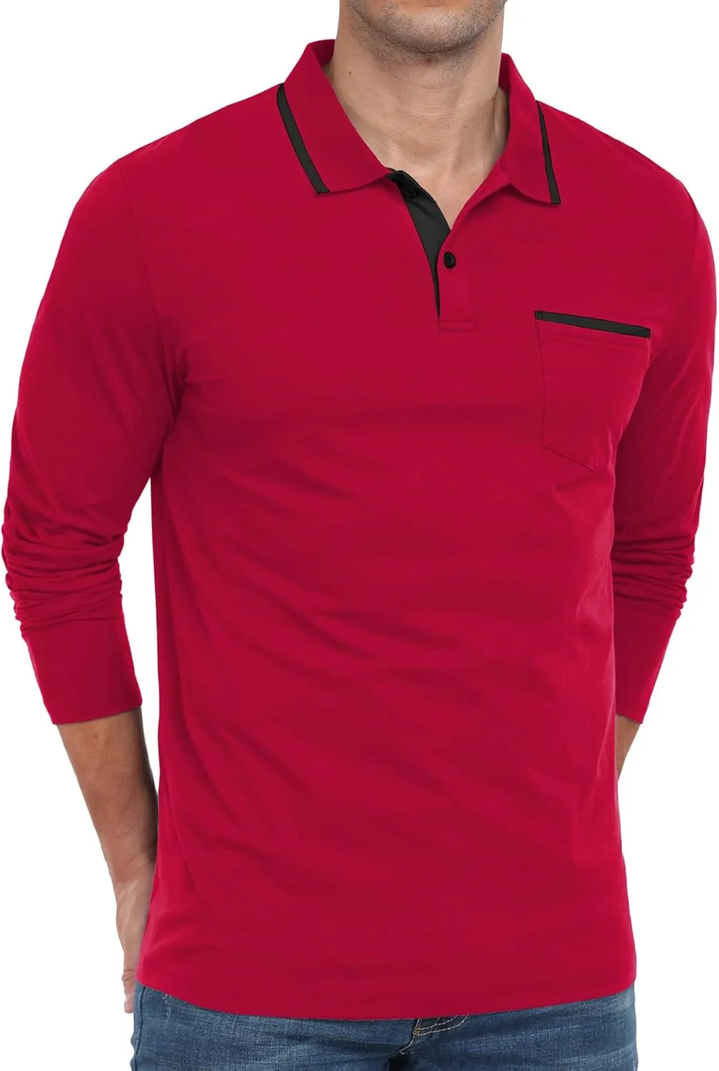 Askdeer Men's Polo Shirts Cotton Long Sleeve Polo T Shirt Classic Casual Golf Collar Tee