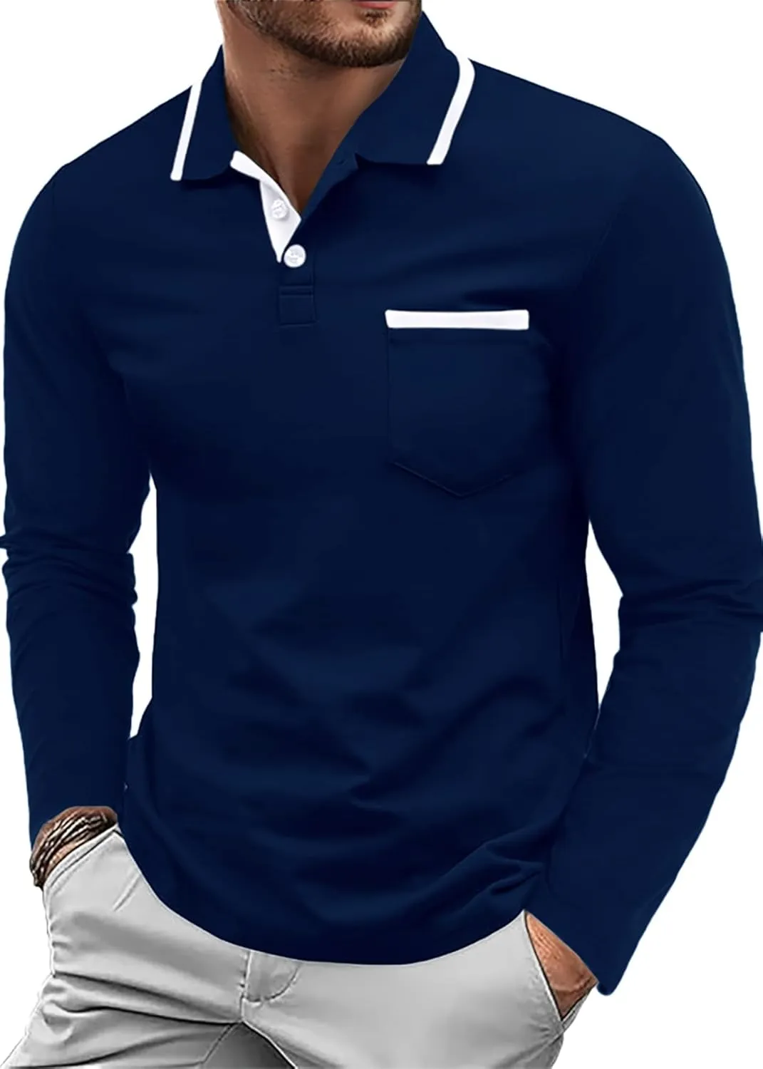 Askdeer Men's Polo Shirts Cotton Long Sleeve Polo T Shirt Classic Casual Golf Collar Tee