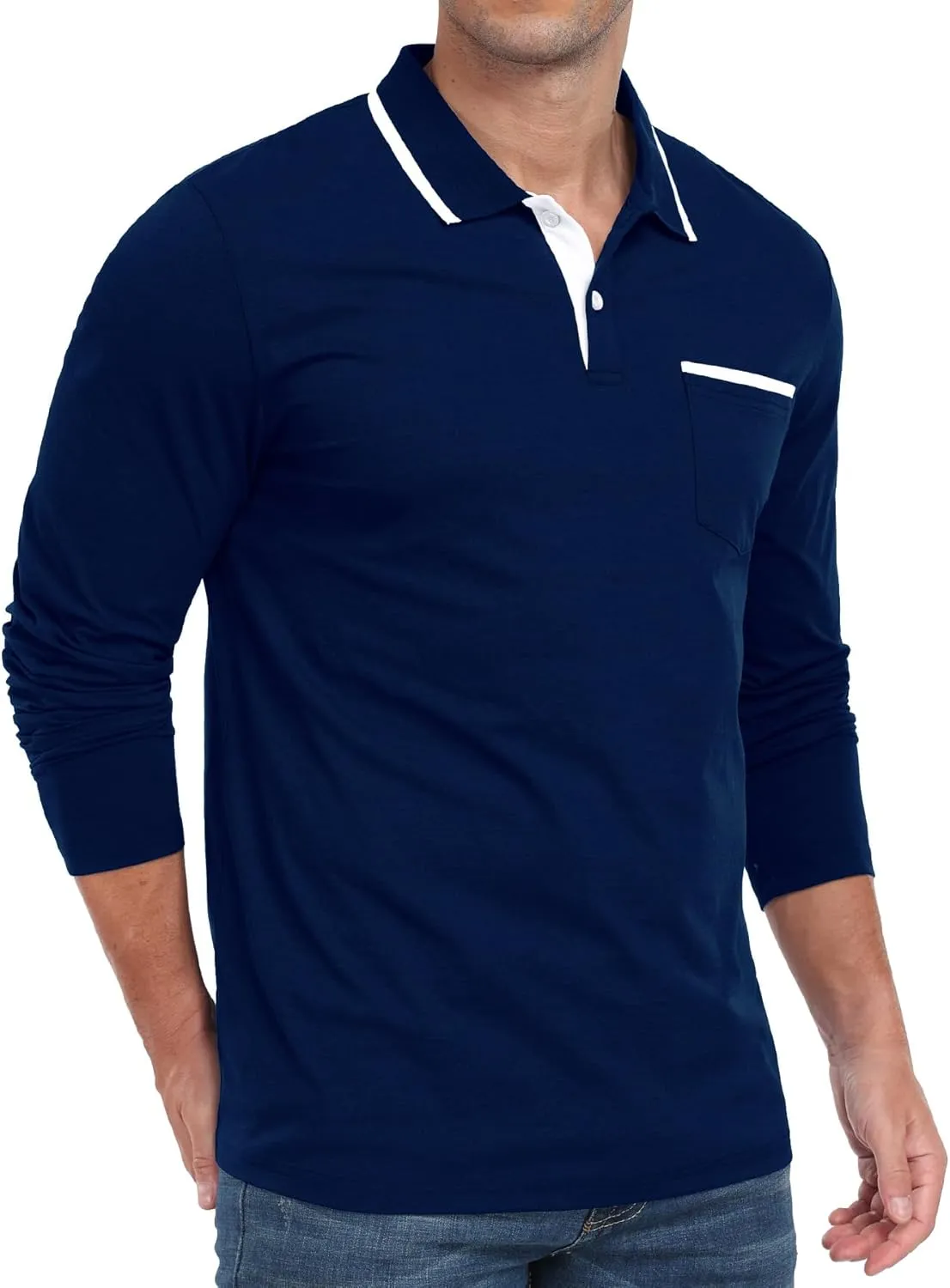 Askdeer Men's Polo Shirts Cotton Long Sleeve Polo T Shirt Classic Casual Golf Collar Tee