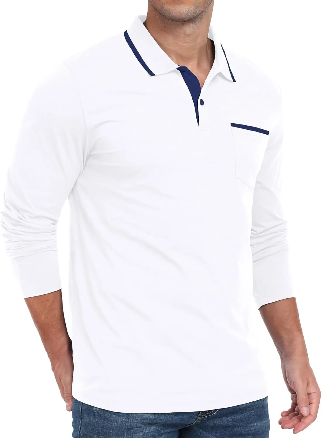 Askdeer Men's Polo Shirts Cotton Long Sleeve Polo T Shirt Classic Casual Golf Collar Tee