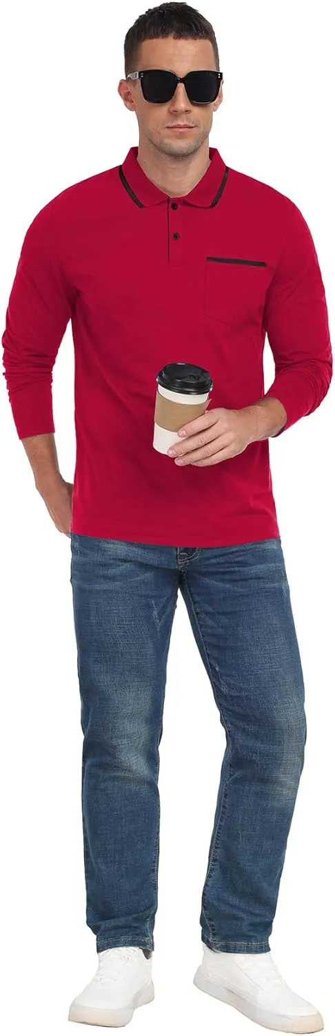 Askdeer Men's Polo Shirts Cotton Long Sleeve Polo T Shirt Classic Casual Golf Collar Tee