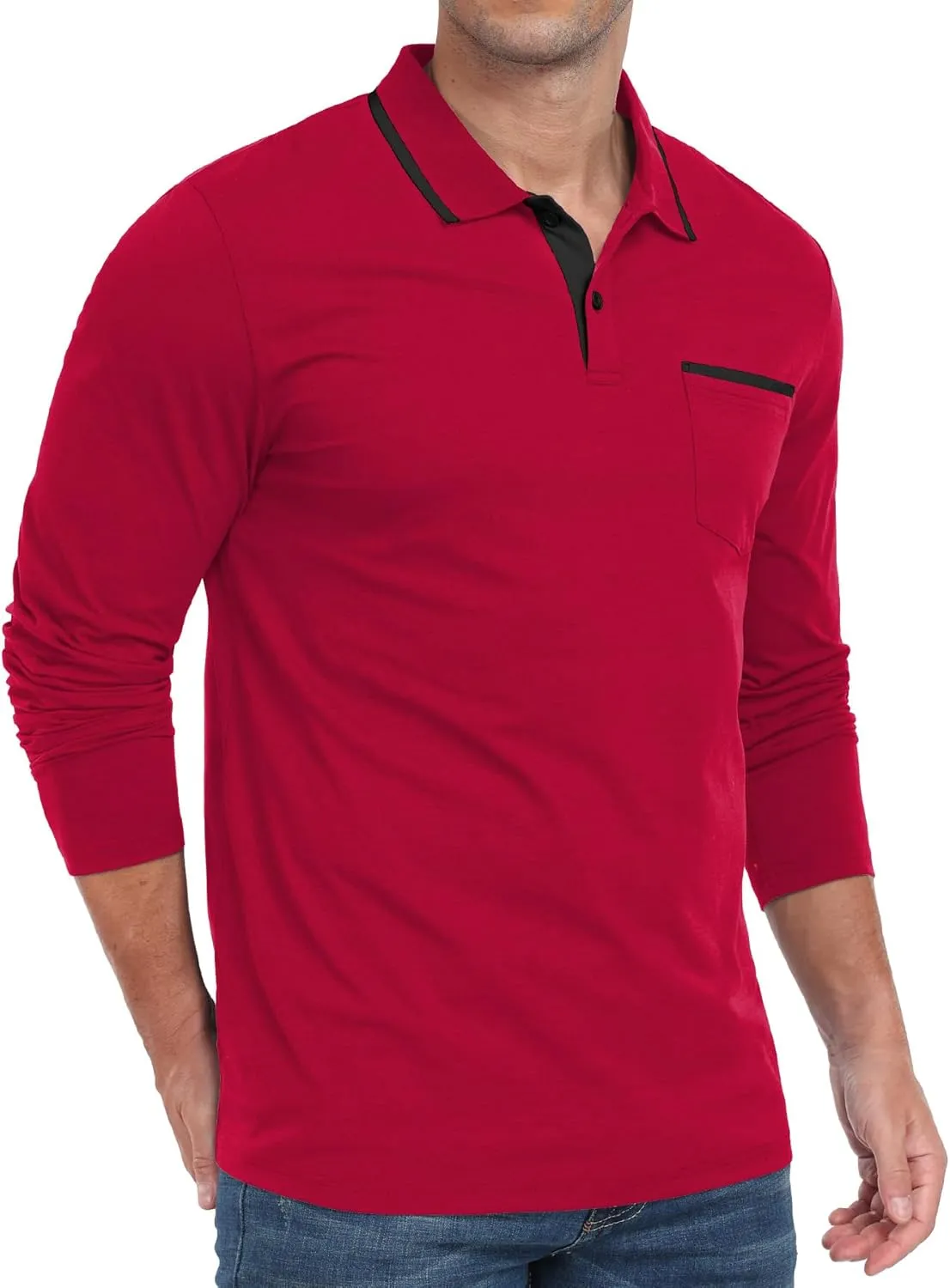 Askdeer Men's Polo Shirts Cotton Long Sleeve Polo T Shirt Classic Casual Golf Collar Tee
