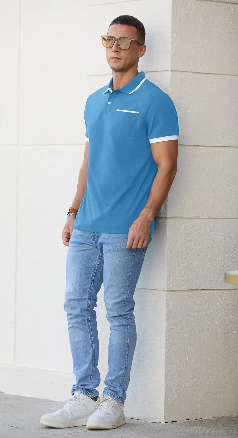 Askdeer Men's Polo Shirts Cotton Short Sleeve Polo T Shirt Classic Casual Golf Collar Tee with Pocket