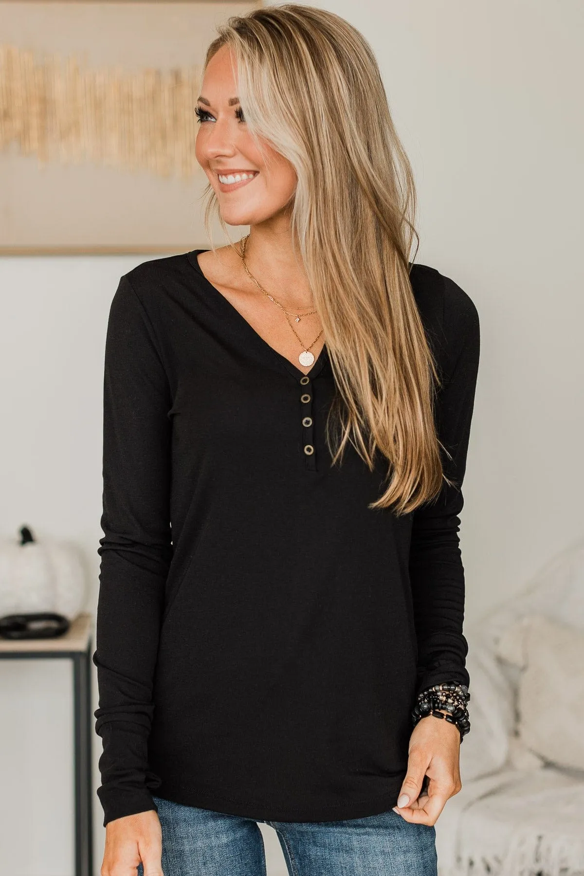 Be Mindful Knit Henley Top- Black