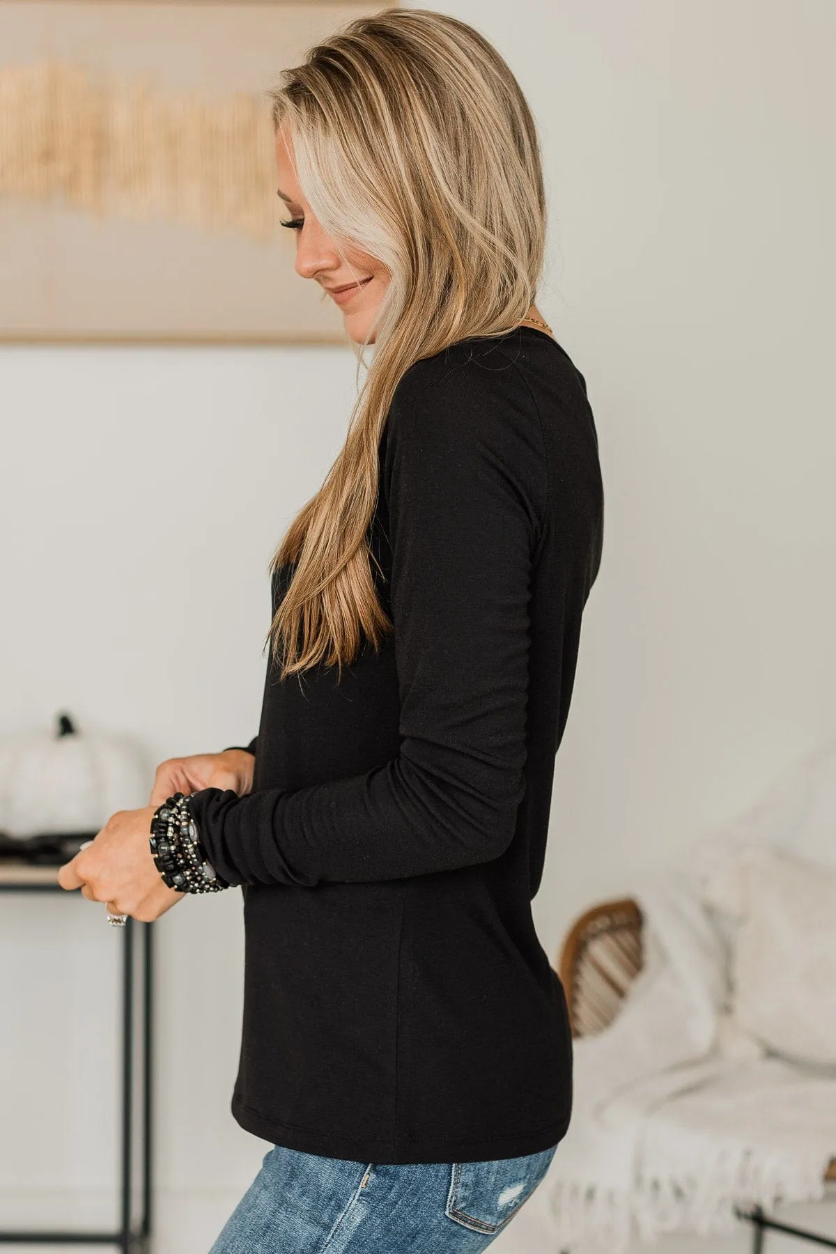 Be Mindful Knit Henley Top- Black
