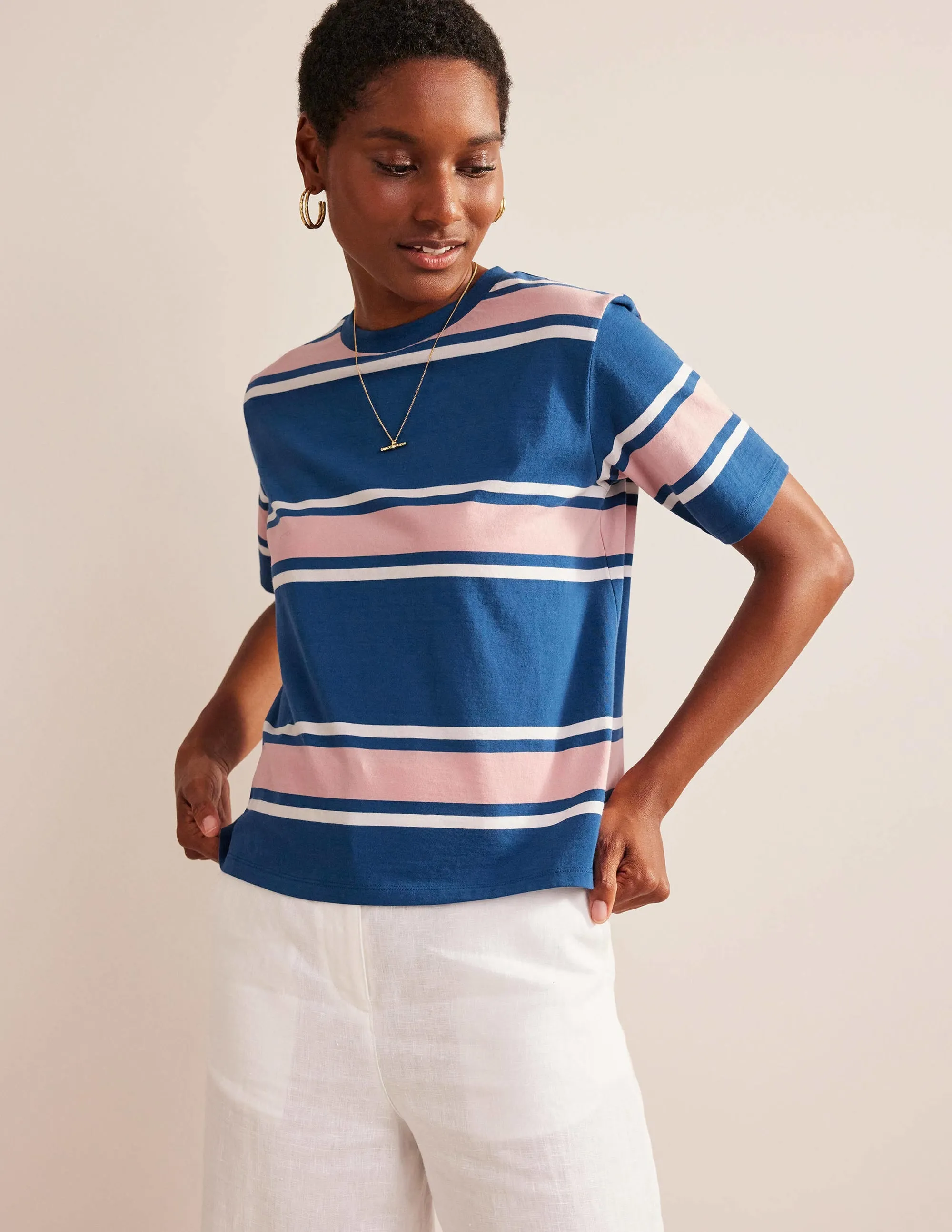 Boxy Stripe T-Shirt-Sapphire/Soft Pink Stripe