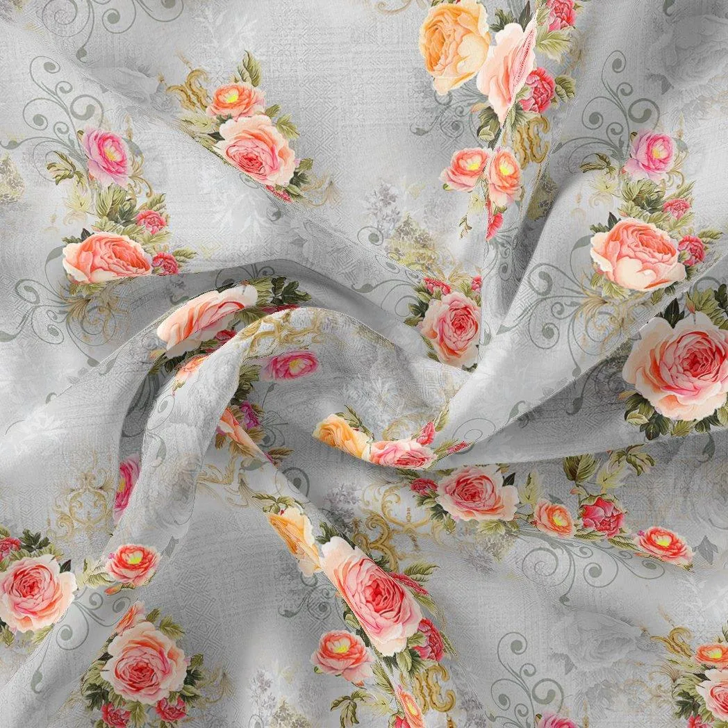 Bright Vintage Pink With Orange Rose Digital Printed Fabric - Pure Muslin