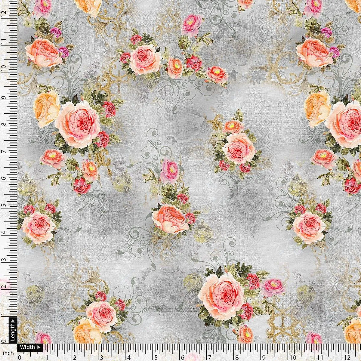 Bright Vintage Pink With Orange Rose Digital Printed Fabric - Pure Muslin