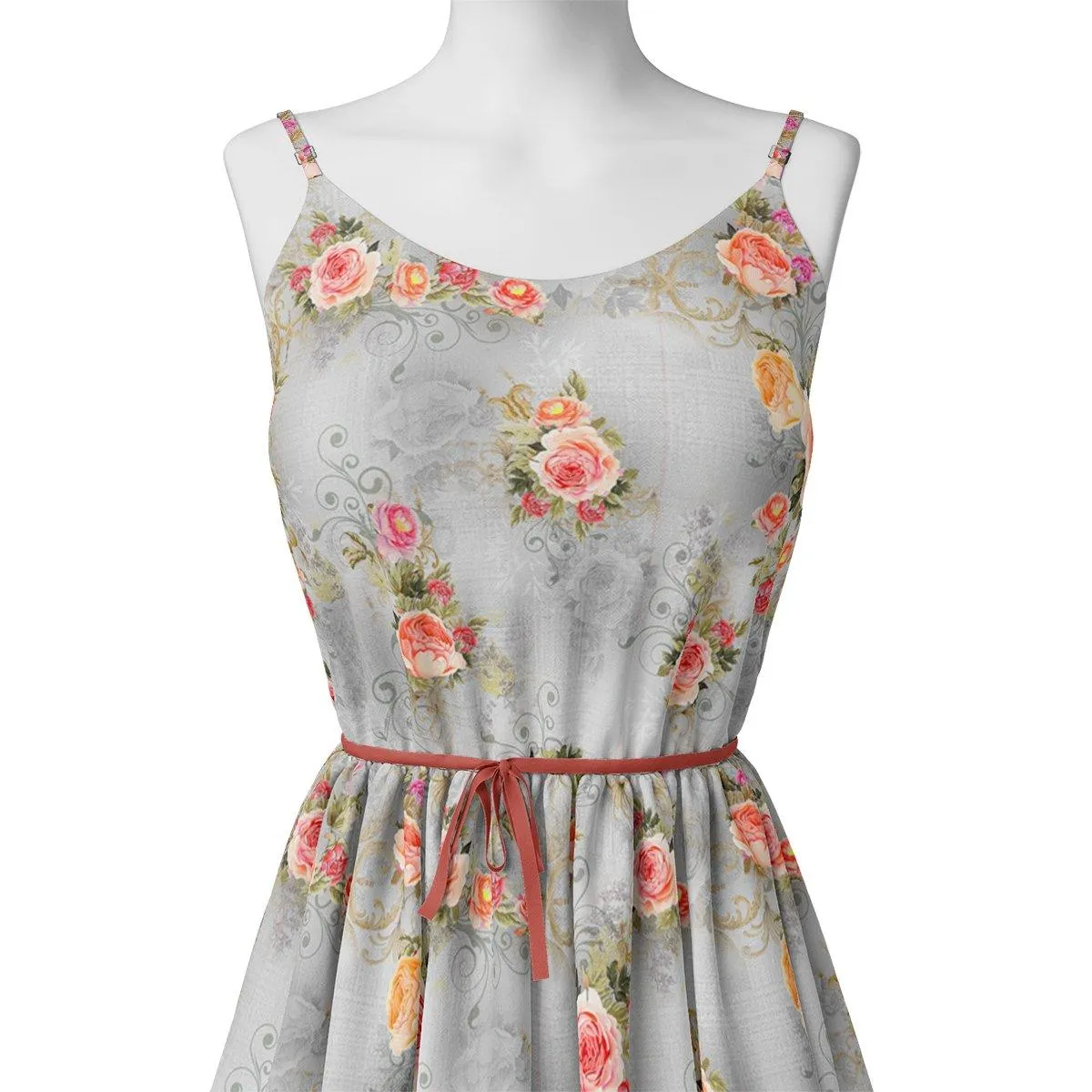 Bright Vintage Pink With Orange Rose Digital Printed Fabric - Pure Muslin