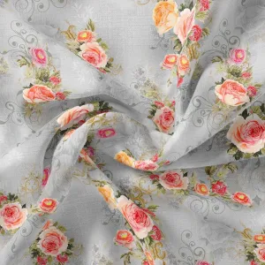 Bright Vintage Pink With Orange Rose Digital Printed Fabric - Pure Muslin