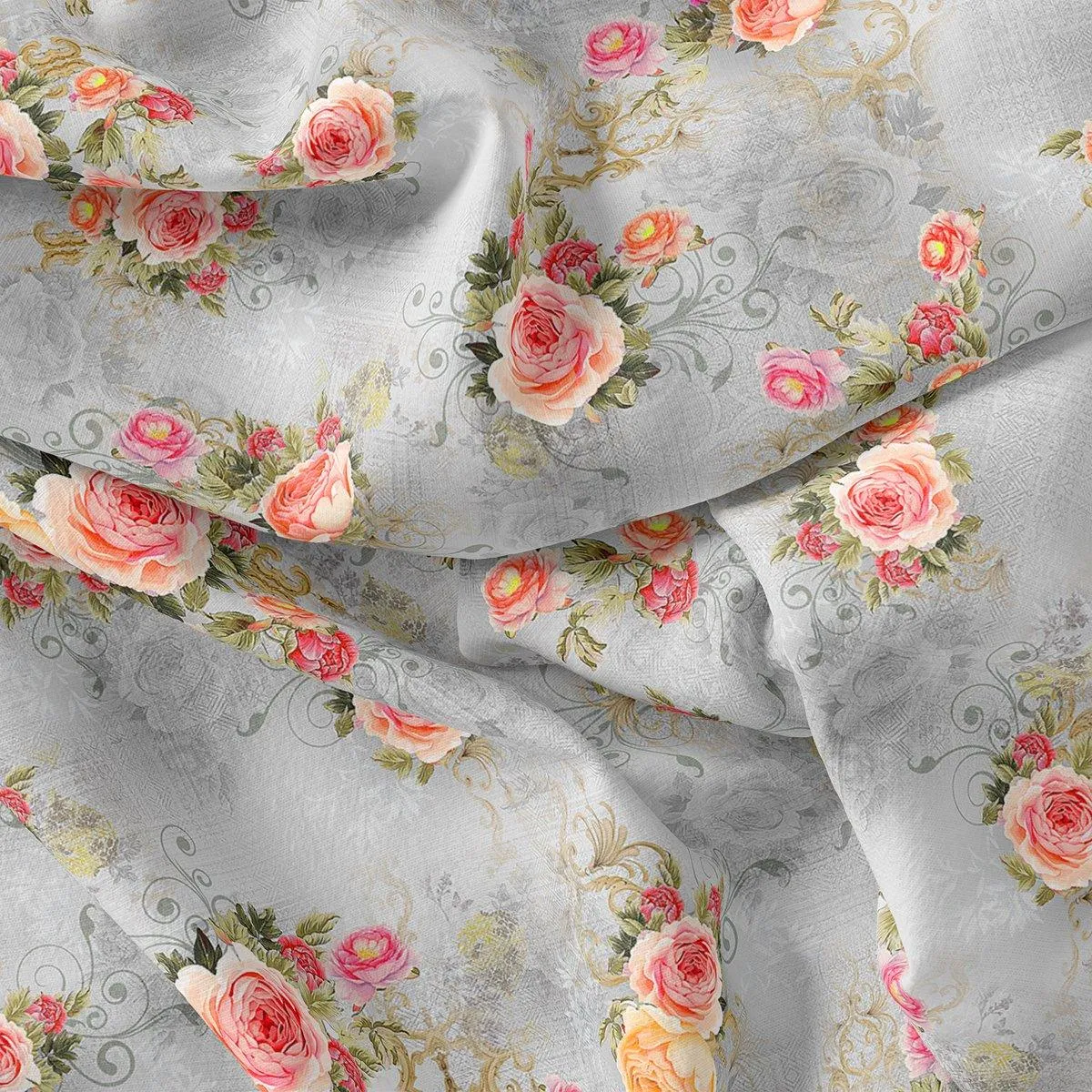 Bright Vintage Pink With Orange Rose Digital Printed Fabric - Pure Muslin
