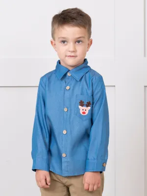 Chambray Embroidered Reindeer Pocket Shirt