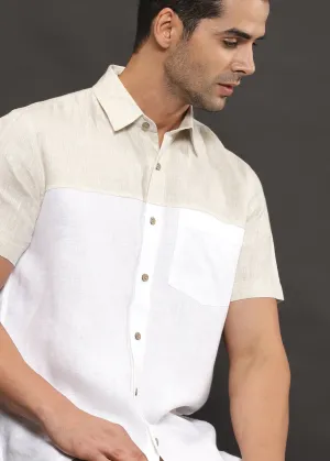 Charlie - Pure Linen Block Half Sleeve Shirt - Ecru & White