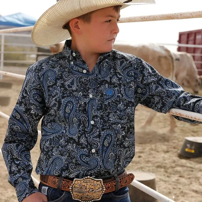 Cinch Boy's Blue Paisley Button Down Western Shirt