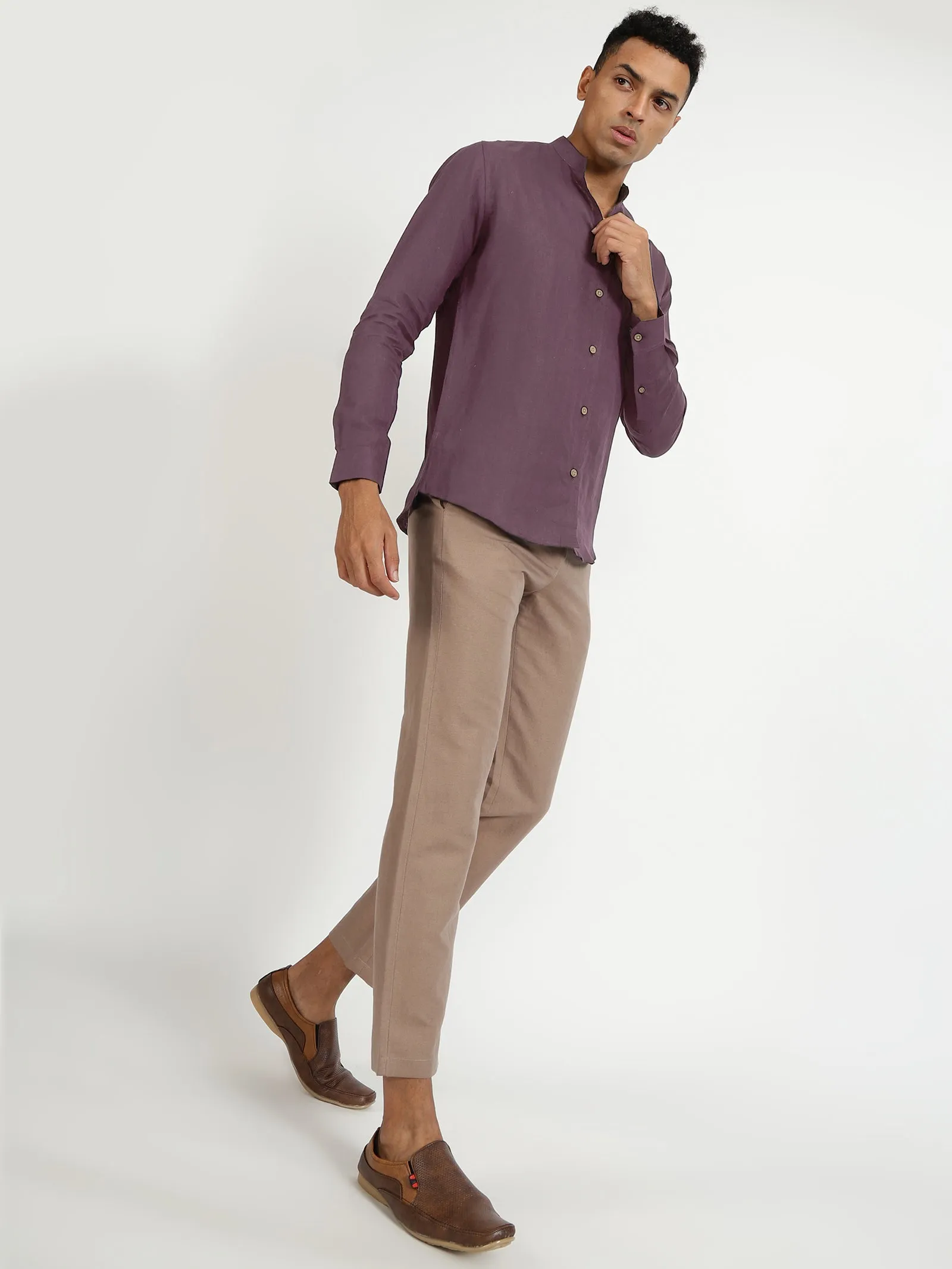 Craig - Pure Linen V Neck Full Sleeve Shirt - Berry Purple
