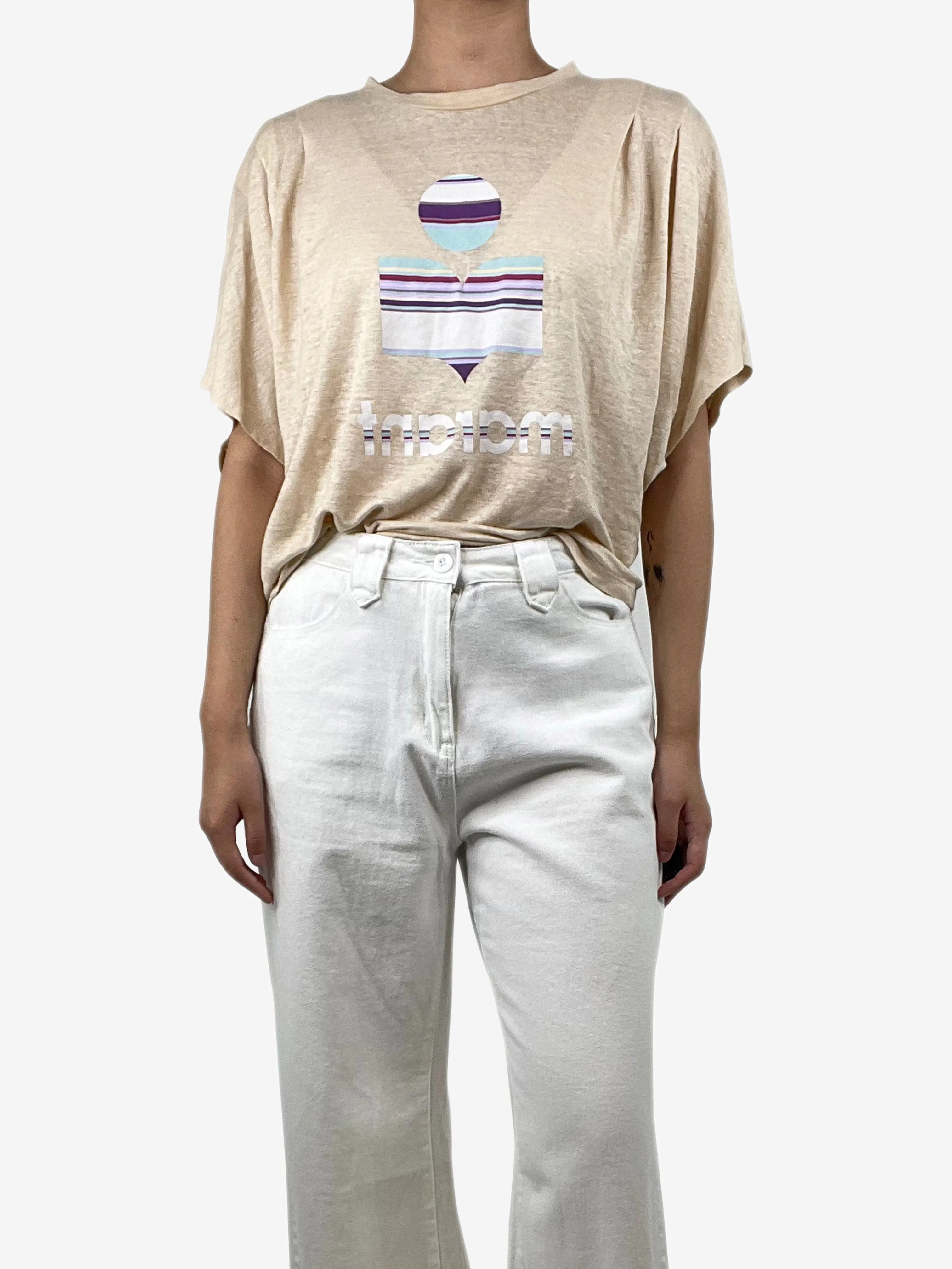 Cream printed cropped linen t-shirt - size M