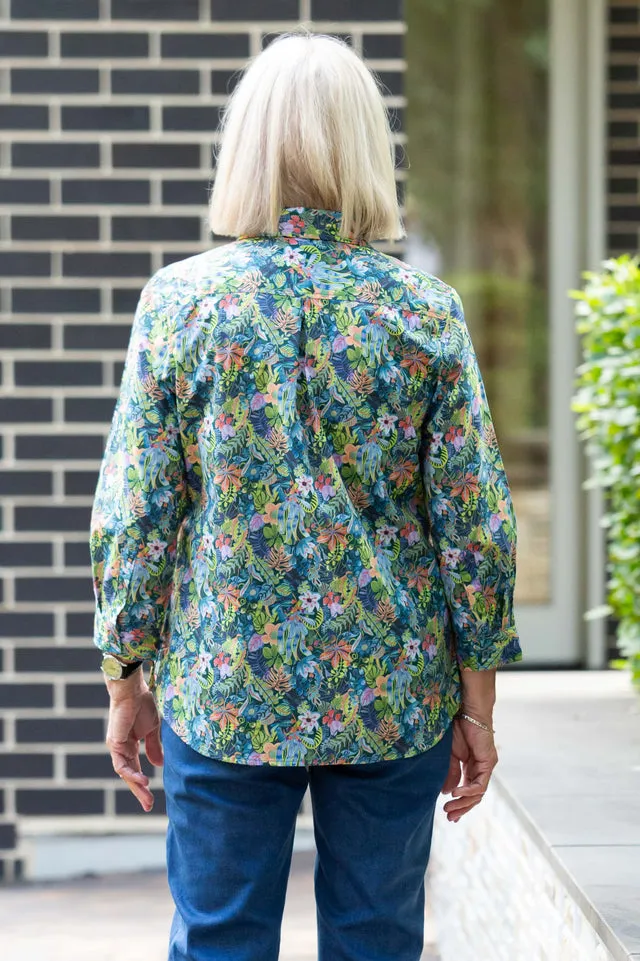 Equinox - Floral print Semi-Fitted 3/4 sleeve shirt - Blue Leaf