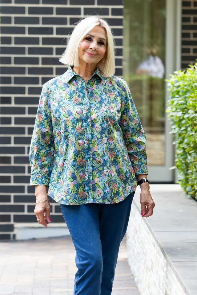 Equinox - Floral print Semi-Fitted 3/4 sleeve shirt - Blue Leaf