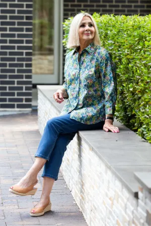 Equinox - Floral print Semi-Fitted 3/4 sleeve shirt - Blue Leaf