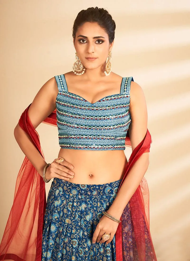 Fabulous Multi Color printed Lehenga With Sleeveless Mirror Work Blouse