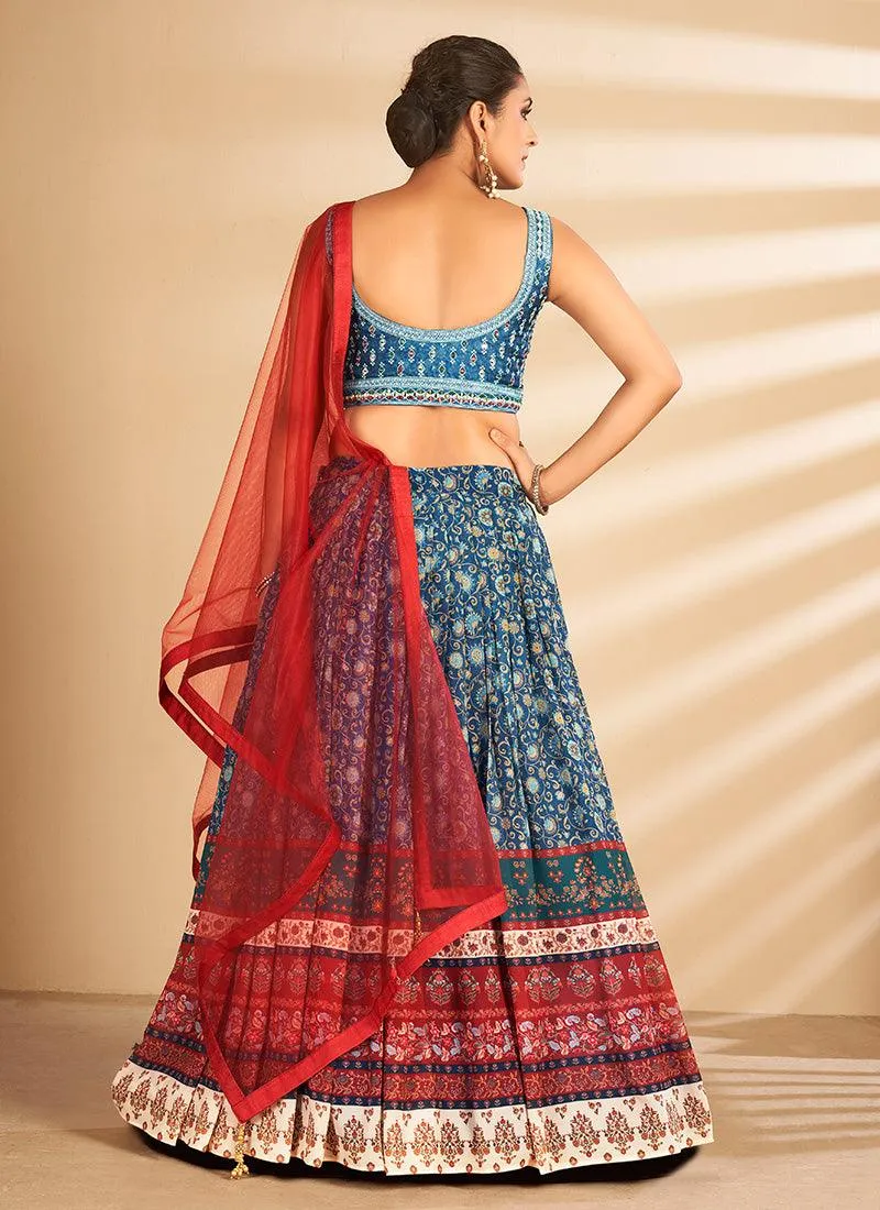 Fabulous Multi Color printed Lehenga With Sleeveless Mirror Work Blouse