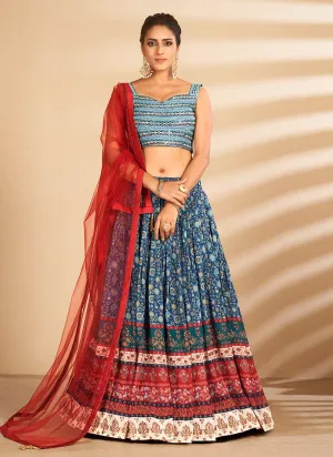 Fabulous Multi Color printed Lehenga With Sleeveless Mirror Work Blouse