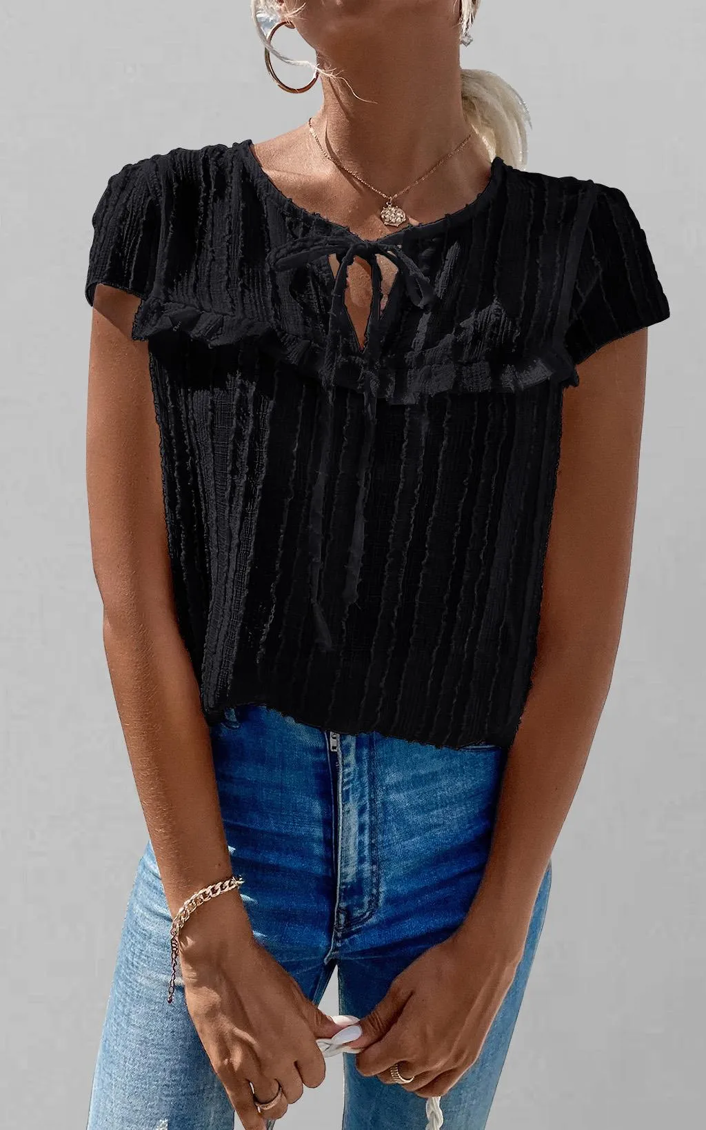 Flocked Tulle Sheer Top In Black