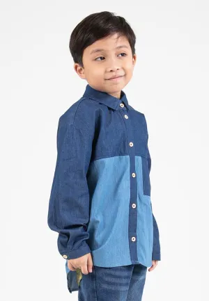 Forest Kids Boys Chambray Denim Collar Long Sleeve Shirt | Baju Budak Lelaki Lengan Panjang - FK20255