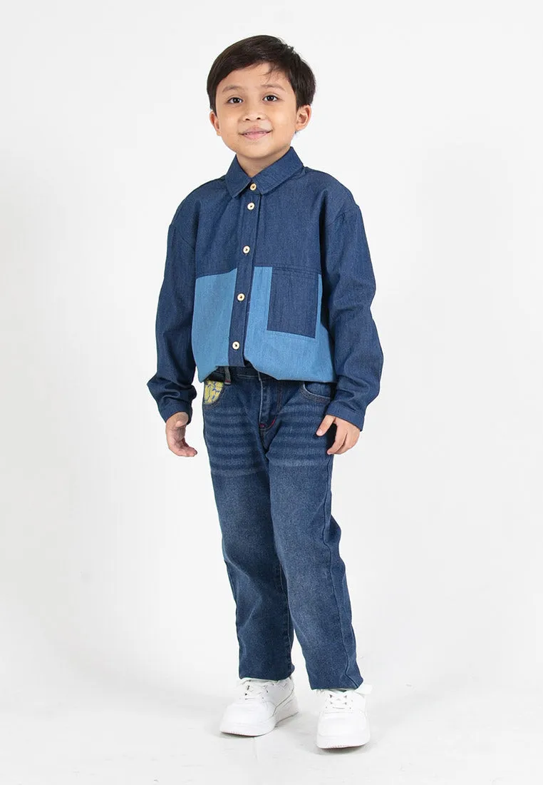 Forest Kids Boys Chambray Denim Collar Long Sleeve Shirt | Baju Budak Lelaki Lengan Panjang - FK20255