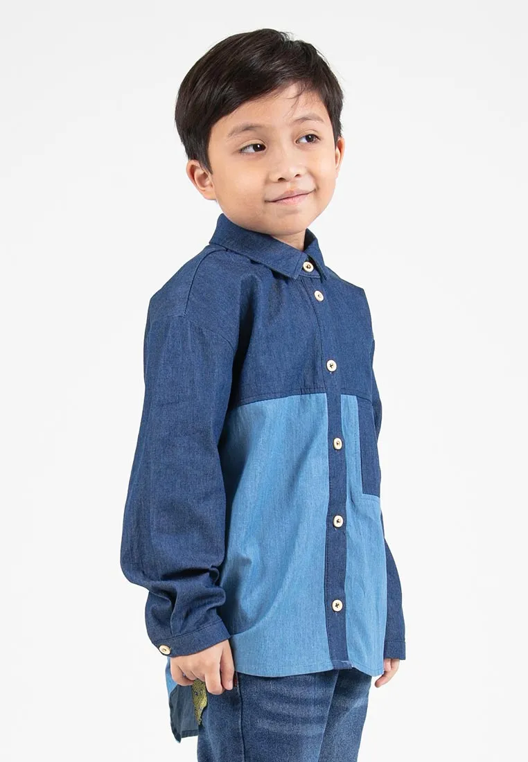 Forest Kids Boys Chambray Denim Collar Long Sleeve Shirt | Baju Budak Lelaki Lengan Panjang - FK20255