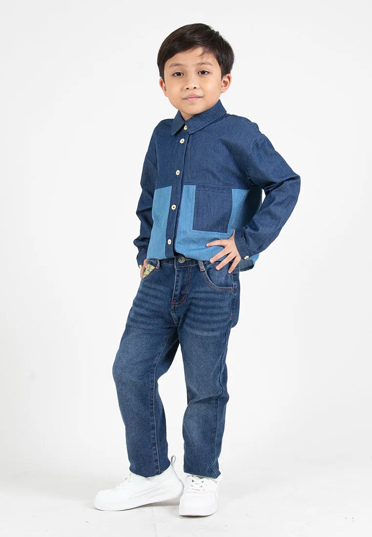 Forest Kids Boys Chambray Denim Collar Long Sleeve Shirt | Baju Budak Lelaki Lengan Panjang - FK20255