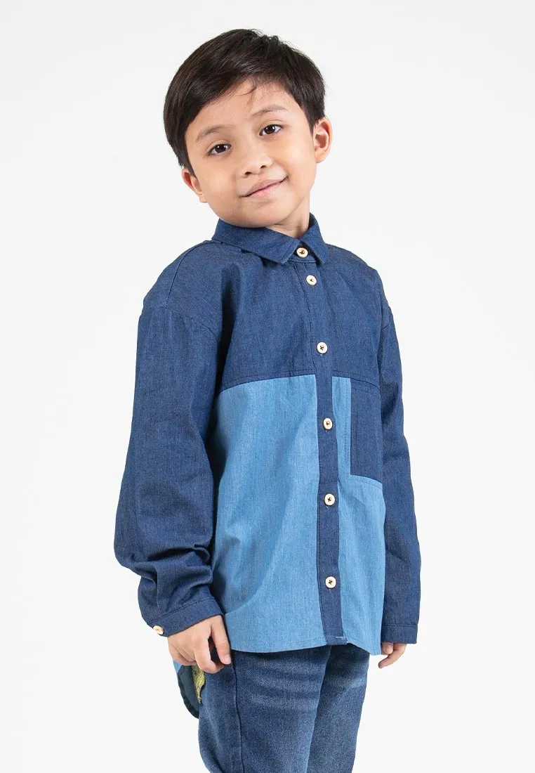 Forest Kids Boys Chambray Denim Collar Long Sleeve Shirt | Baju Budak Lelaki Lengan Panjang - FK20255