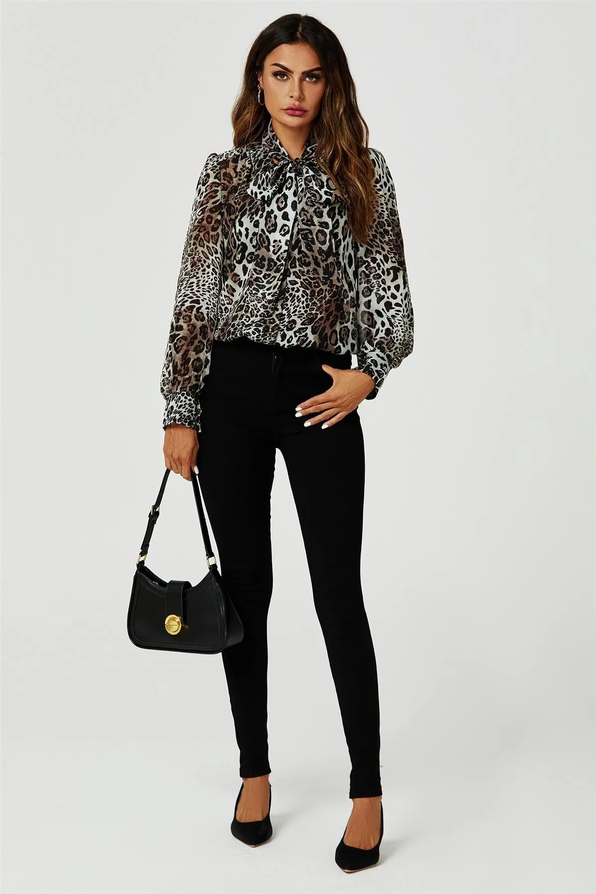 FS Collection Tie Detail Long Sleeve Blouse Top In Beige