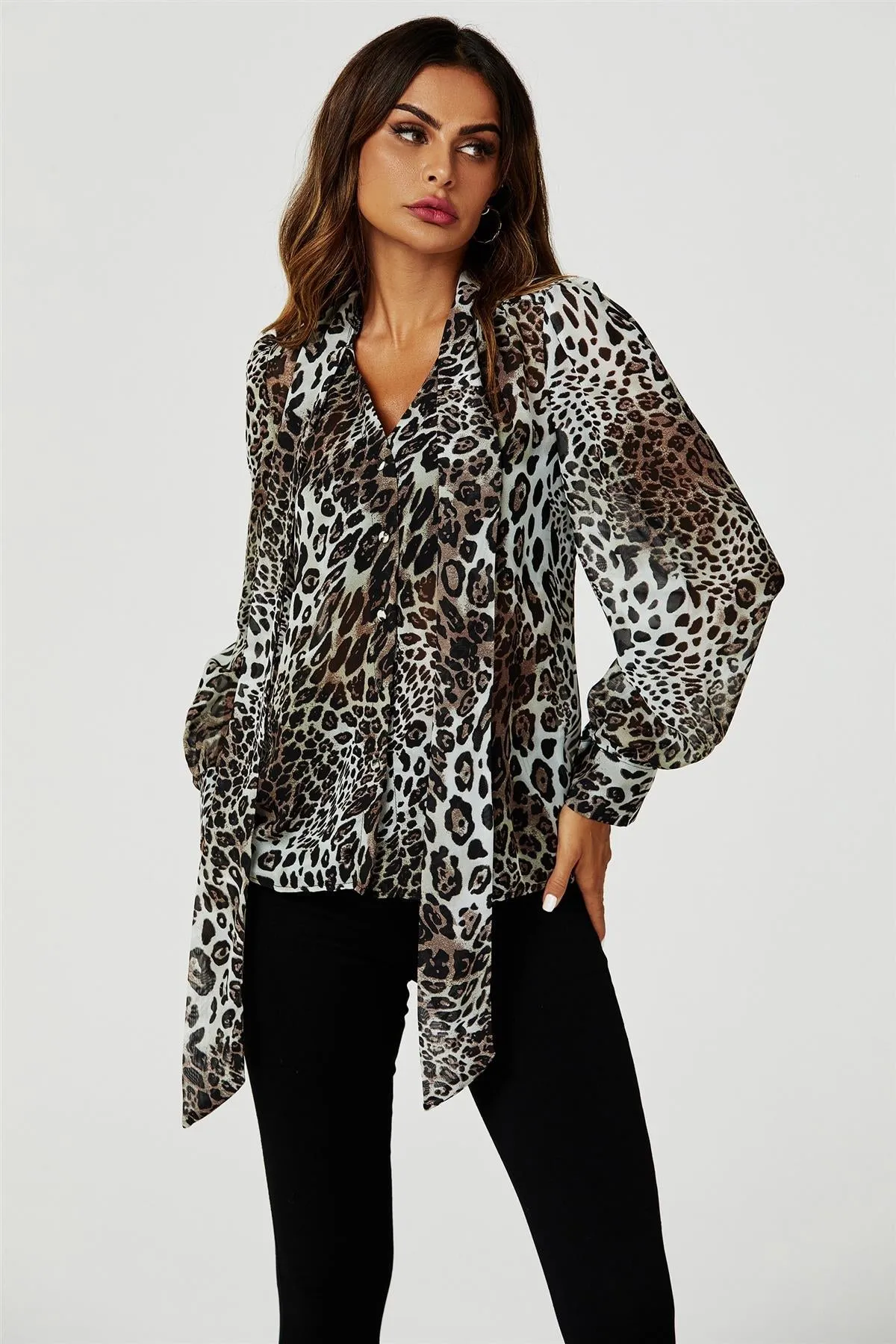 FS Collection Tie Detail Long Sleeve Blouse Top In Beige