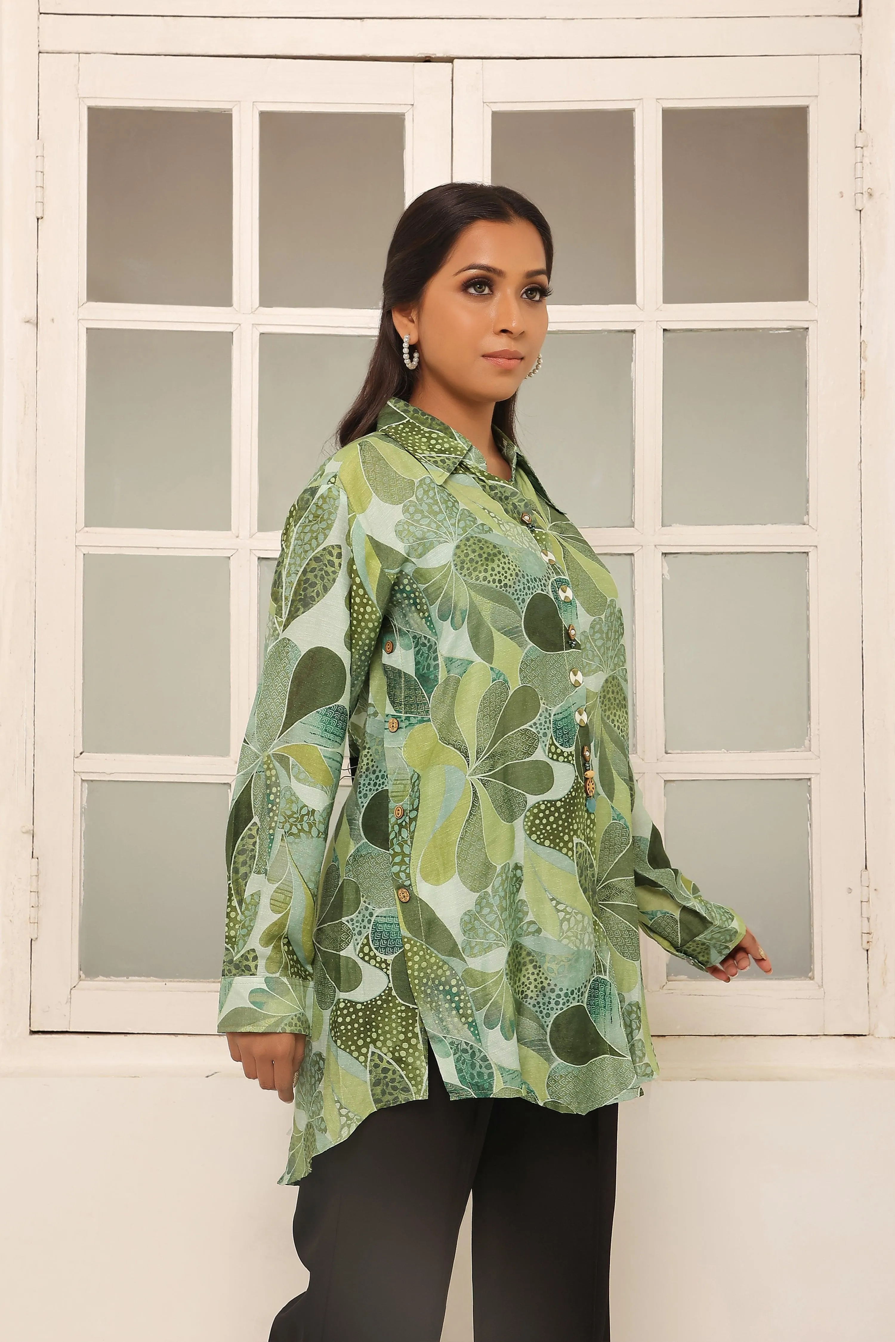 Green Floral Print With Beads Shirt Style Tunic