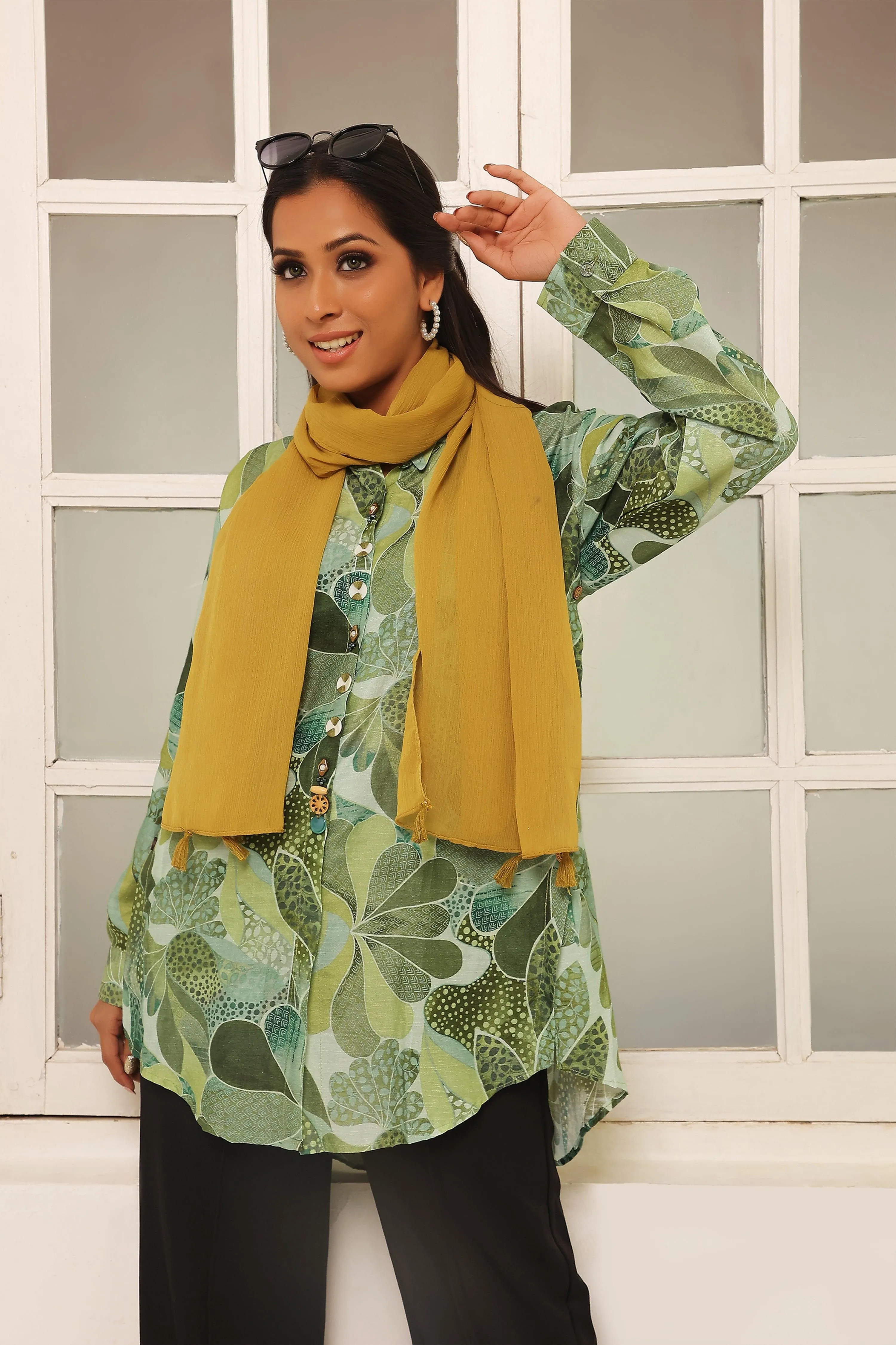 Green Floral Print With Beads Shirt Style Tunic