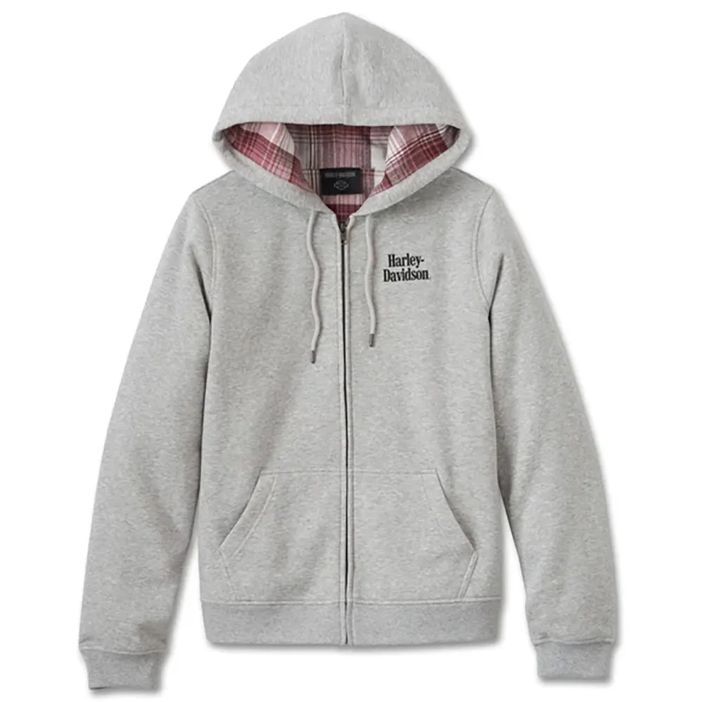 Harley-Davidson Women's Forever Flannel Lined Full Zip Long Sleeve Hoodie, Gray 96065-25VW