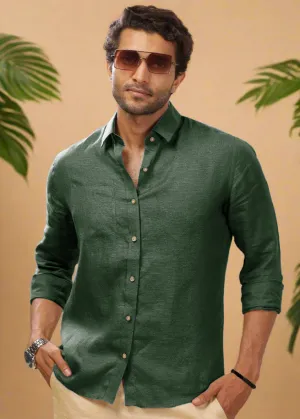 Harvey - Pure Linen Full Sleeve Shirt - Dark Green