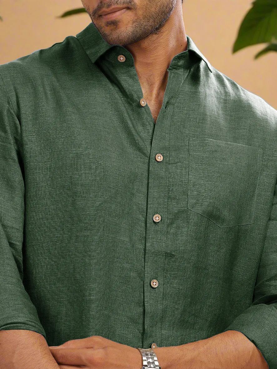 Harvey - Pure Linen Full Sleeve Shirt - Dark Green