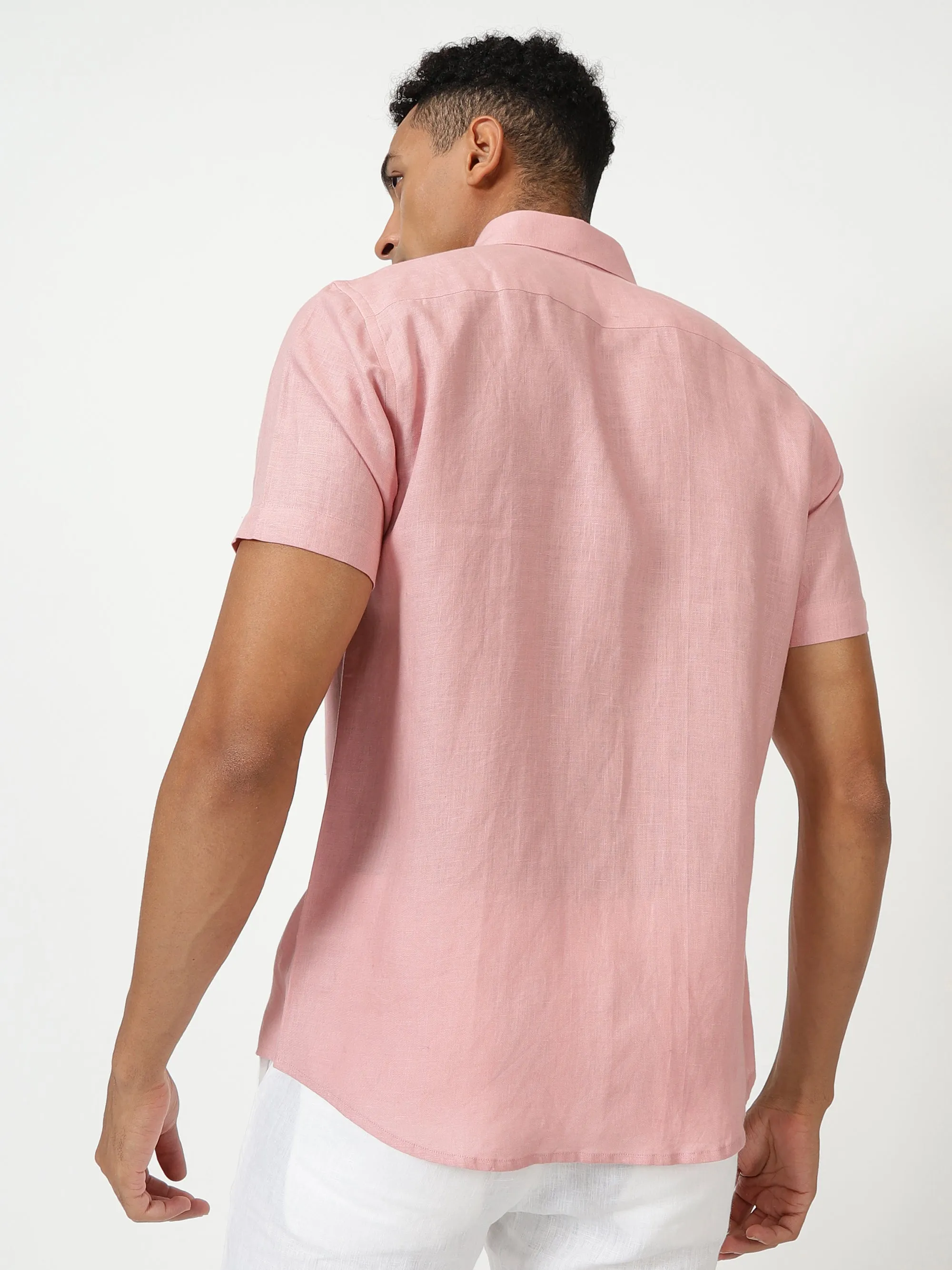 Harvey - Pure Linen Half Sleeve Shirt - Salmon Pink